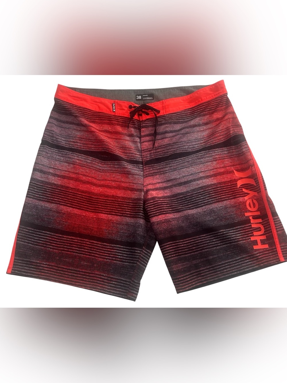 Hurley Phantom Board Shorts Men's Size 38 Red Blk Gray Stripe Swim Surf Beach